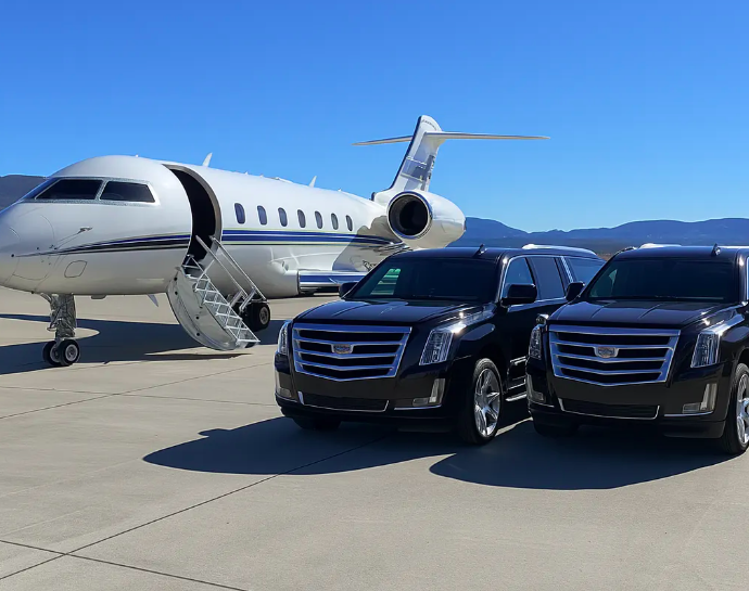 Two black Cadillac Escalades beside a private jet